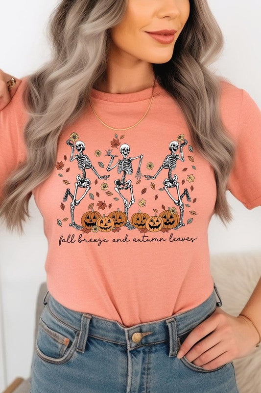 Fall Breeze and Autumn Leaves Skeleton Graphic Tee