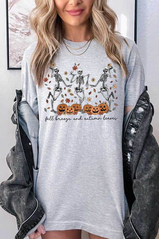 Fall Breeze and Autumn Leaves Skeleton Graphic Tee