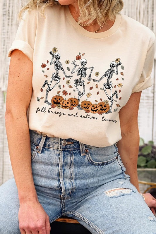 Fall Breeze and Autumn Leaves Skeleton Graphic Tee