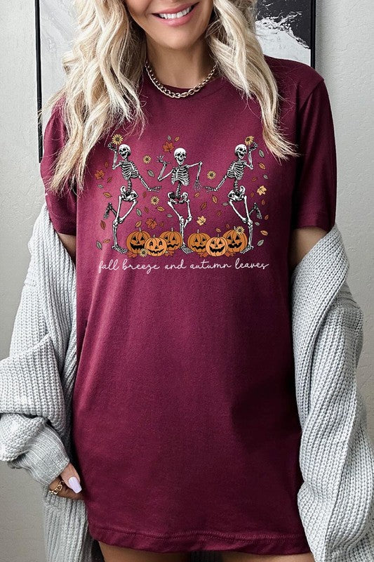 Fall Breeze and Autumn Leaves Skeleton Graphic Tee