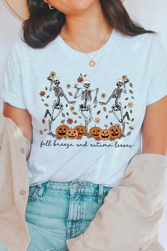 Fall Breeze and Autumn Leaves Skeleton Graphic Tee