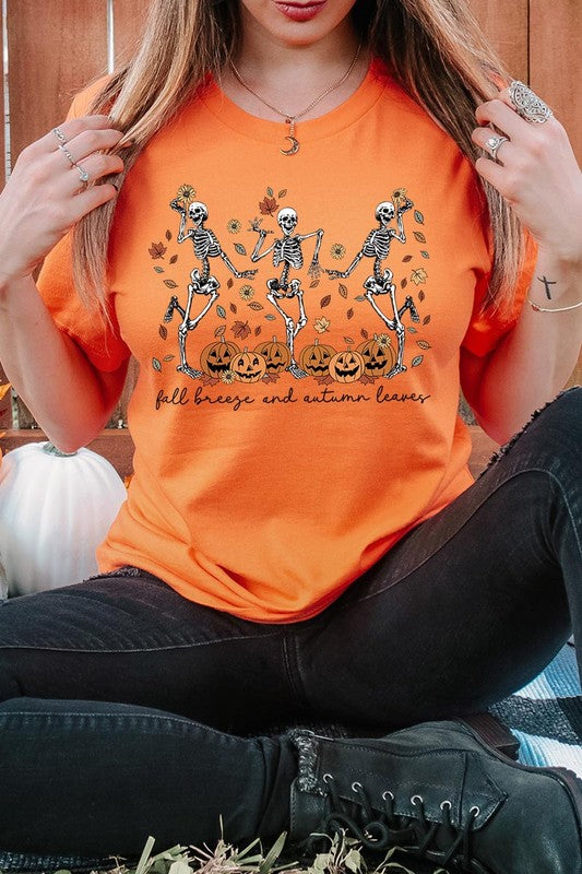 Fall Breeze and Autumn Leaves Skeleton Graphic Tee