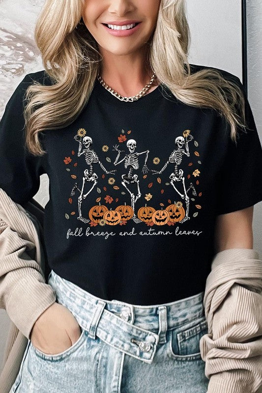 Fall Breeze and Autumn Leaves Skeleton Graphic Tee