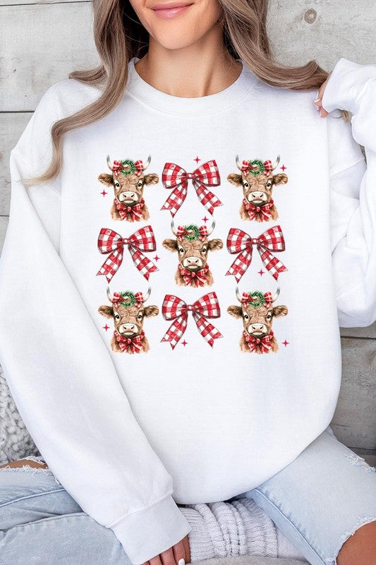 Christmas Highland Cow Graphic Fleece Sweatshirts