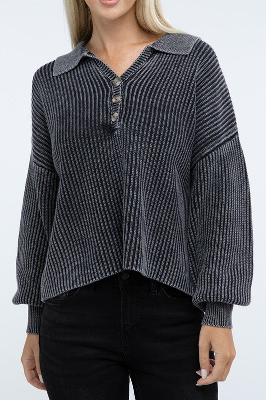 Washed Collared Henley Sweater